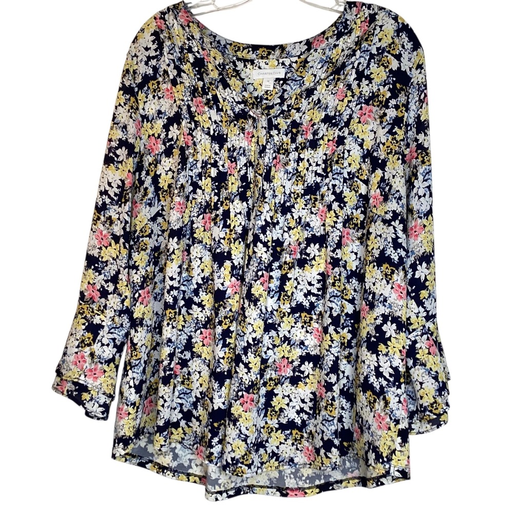 Charter Club Womens 1X Navy Floral Print Pleated V Neck Long Sleeve Tunic Top